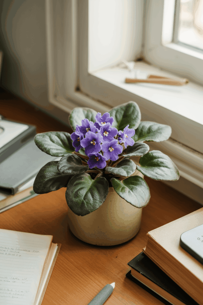 African violet with purple flowers in a small ceramic pot on a sunny desk
