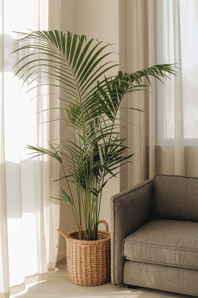 Areca palm in a woven basket planter beside a small couch in a sunlit apartment corner
