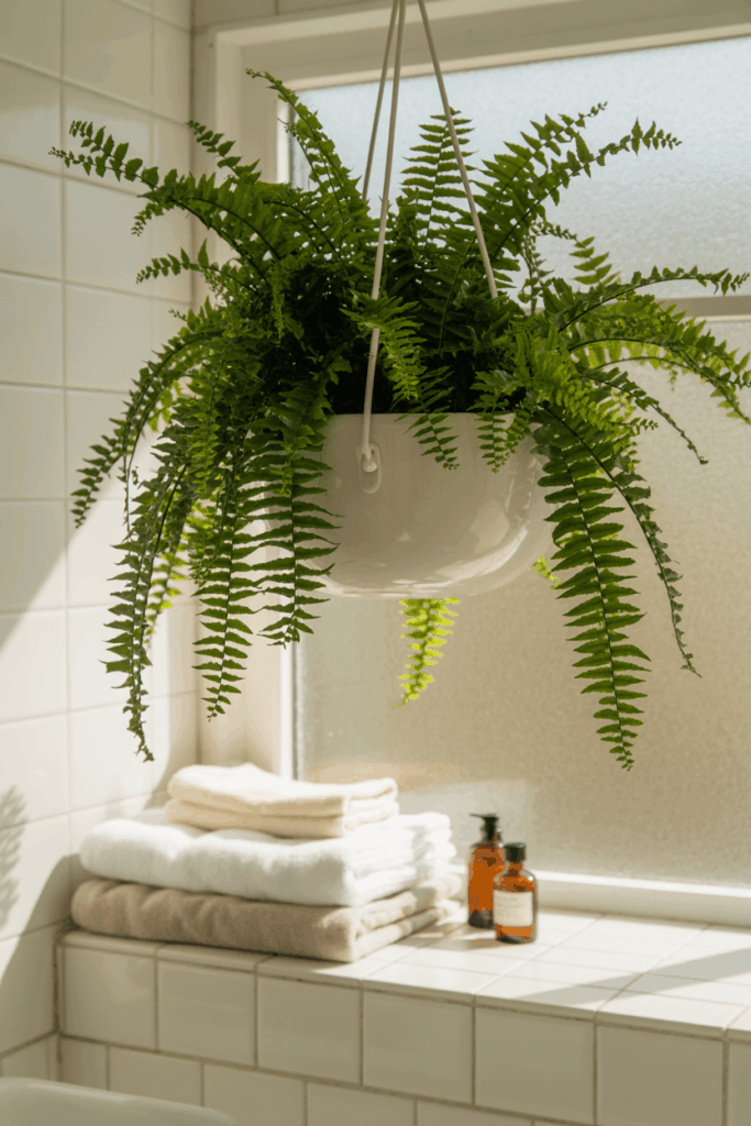 Boston fern in a hanging planter on a bright bathroom shelf above a tiled wall