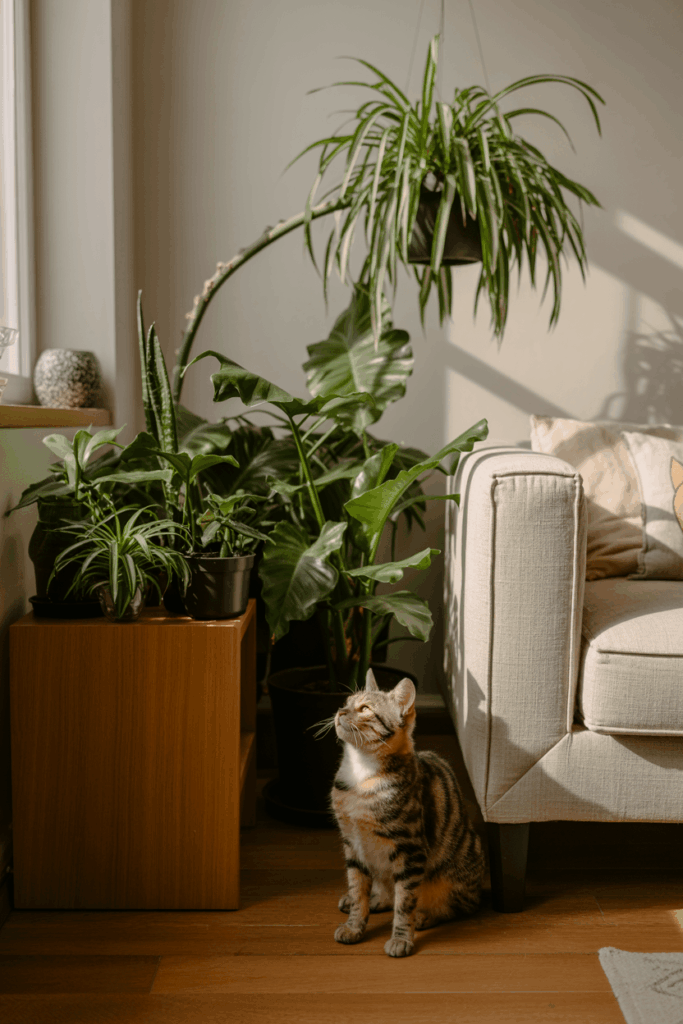 Bright apartment corner with pet-safe indoor plants and a curious cat sitting nearby