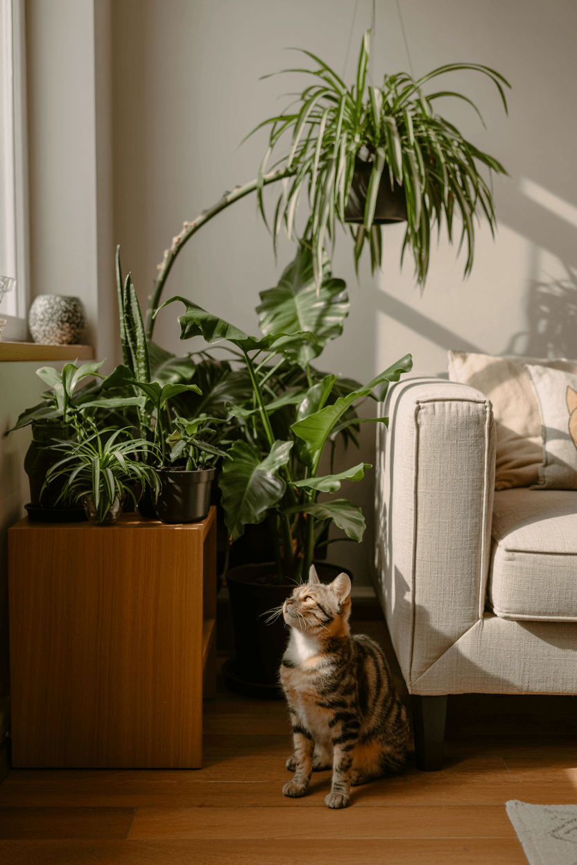 Bright apartment corner with pet-safe indoor plants and a curious cat sitting nearby