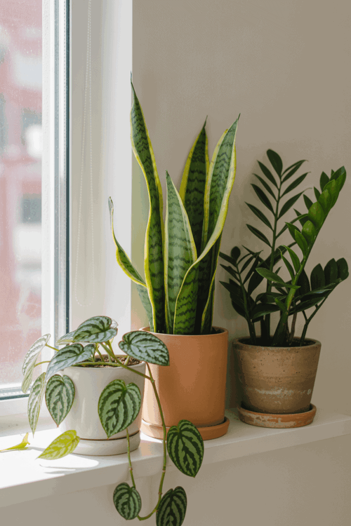 Bright apartment shelf with snake plant pothos and ZZ plant for beginner indoor plants