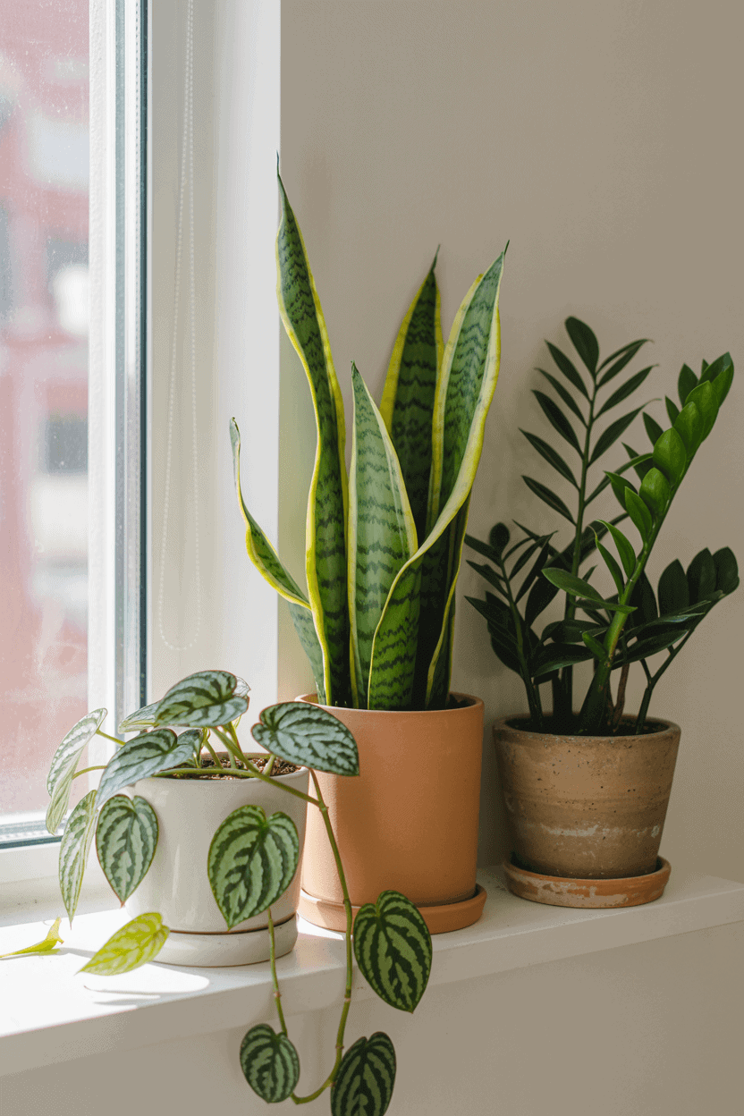 Bright apartment shelf with snake plant pothos and ZZ plant for beginner indoor plants