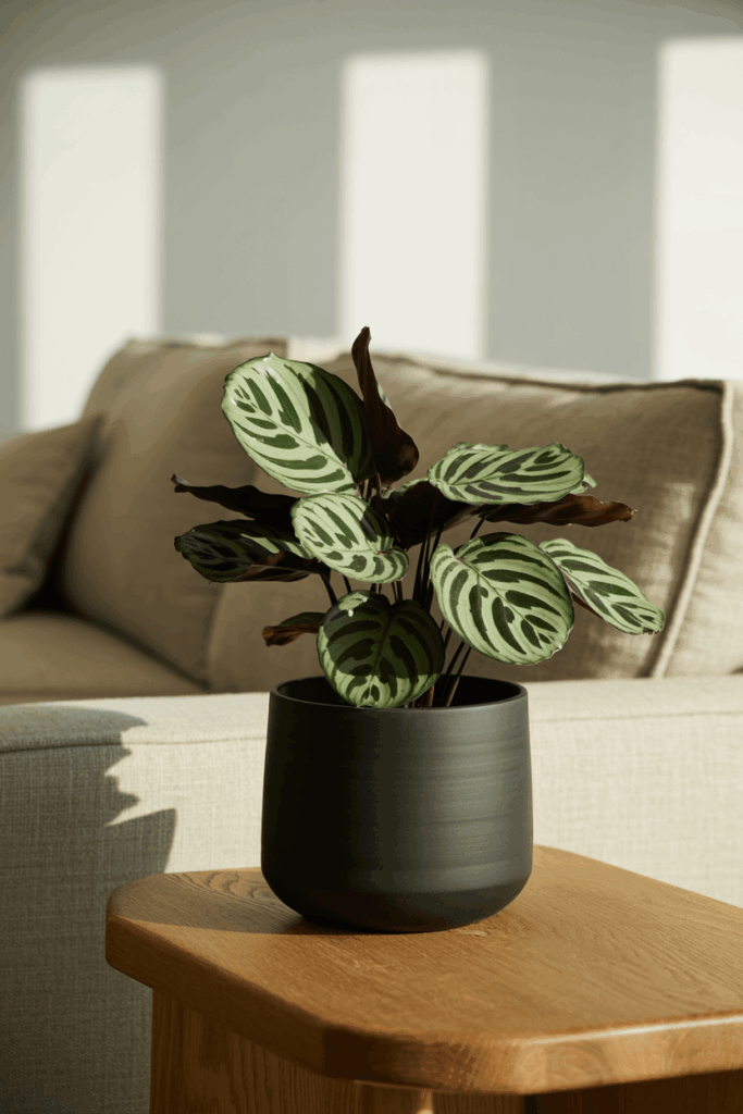 Calathea plant with patterned green leaves on a wooden side table next to a sofa