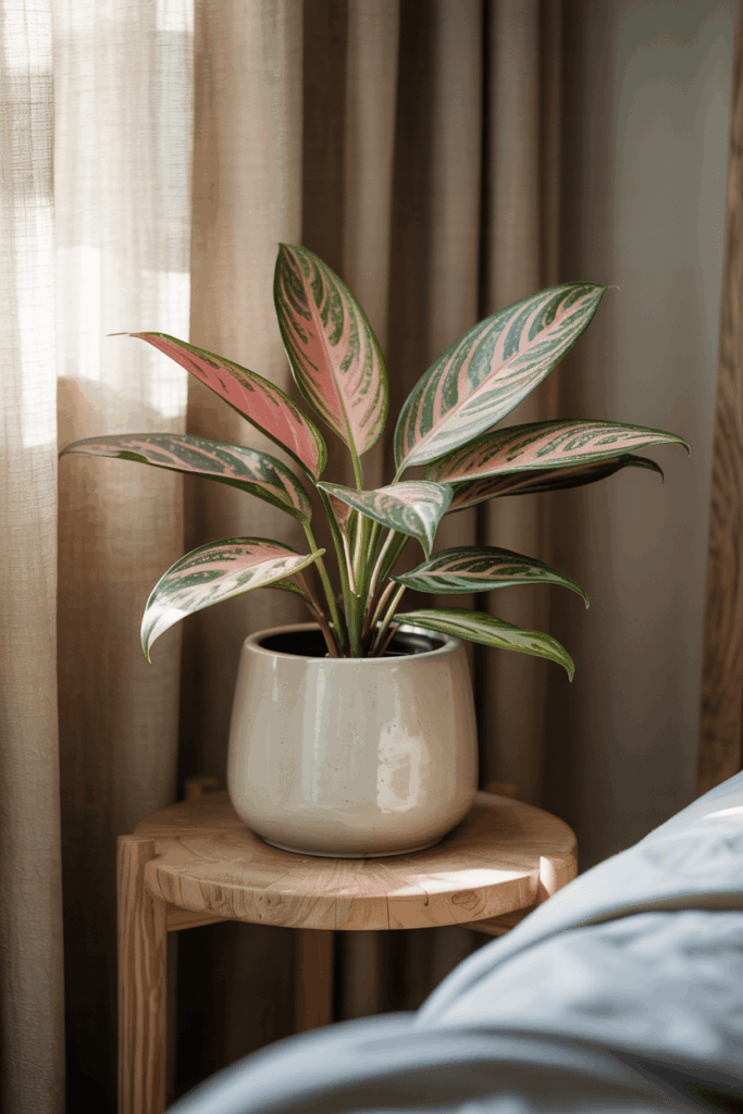 Chinese evergreen aglaonema with silver and pink patterned leaves in cream pot indoor plant