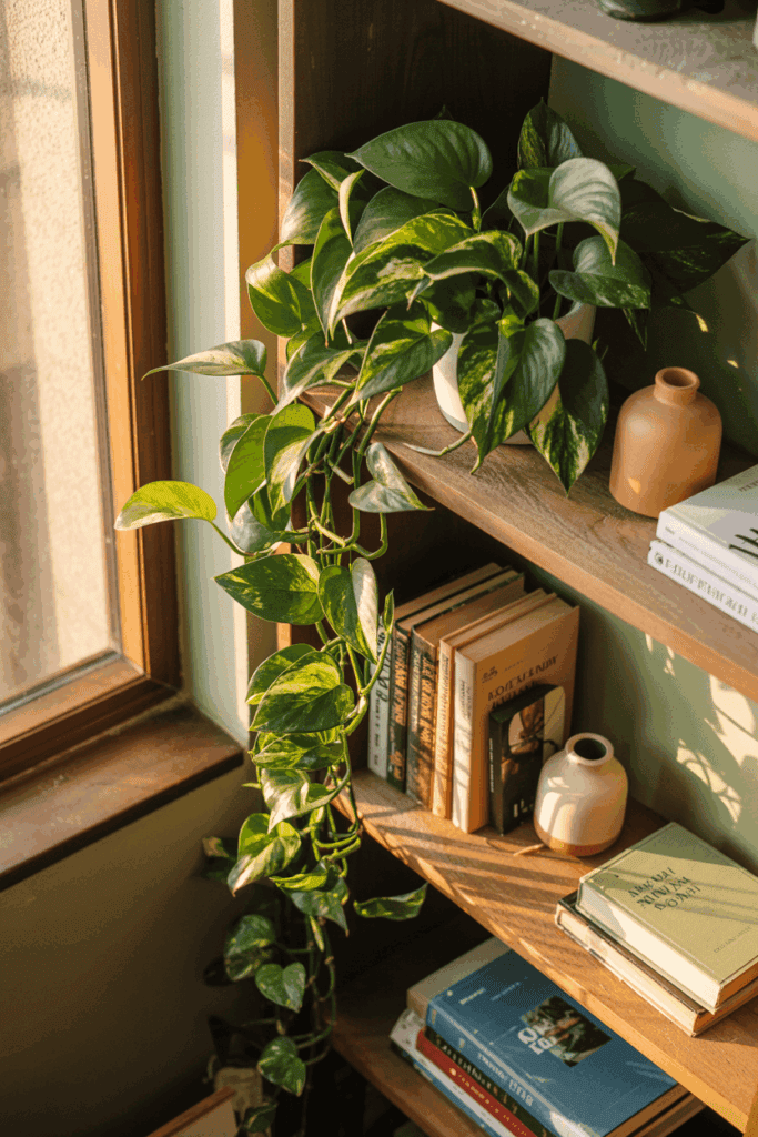 Golden pothos vine trailing off bookshelf in living room apartment