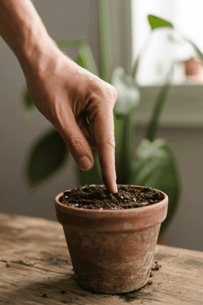 Hand checking soil moisture with finger test on indoor potted houseplant