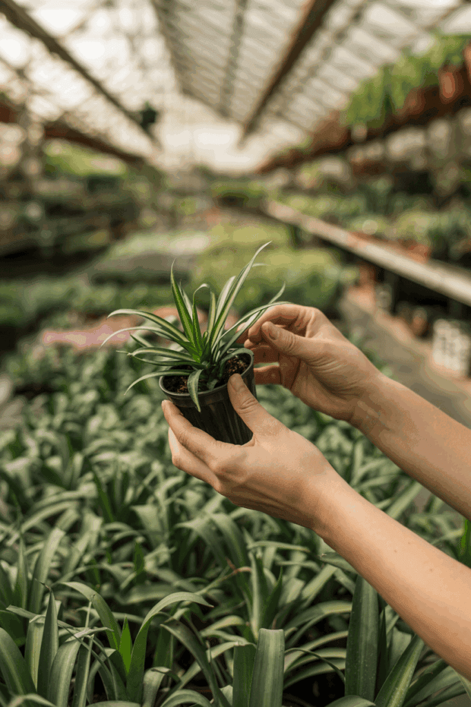 Hands inspecting small potted houseplant leaves at garden center before purchase