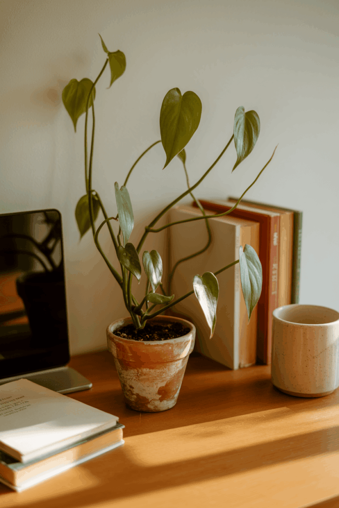 Heartleaf philodendron trailing from terracotta pot on wooden desk indoor low light plant