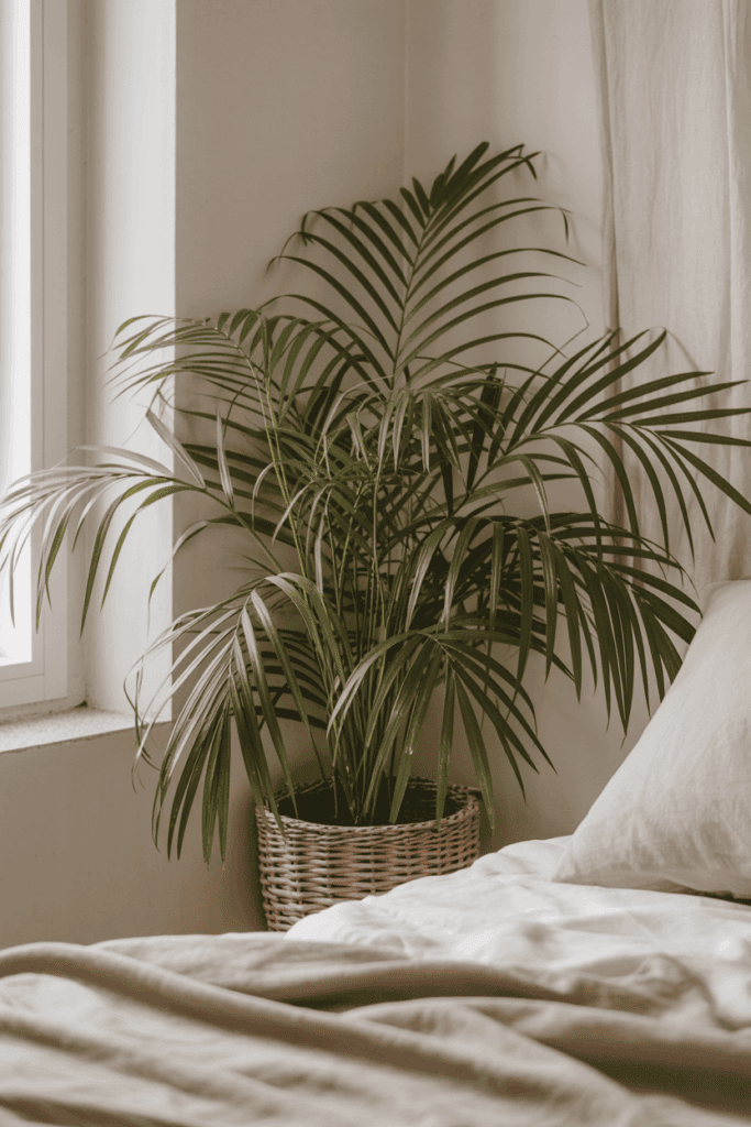 Parlor palm in bedroom corner soft pet safe houseplant decor