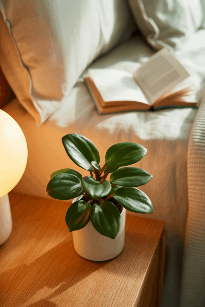 Peperomia obtusifolia in a small white pot on a bedside nightstand next to a lamp