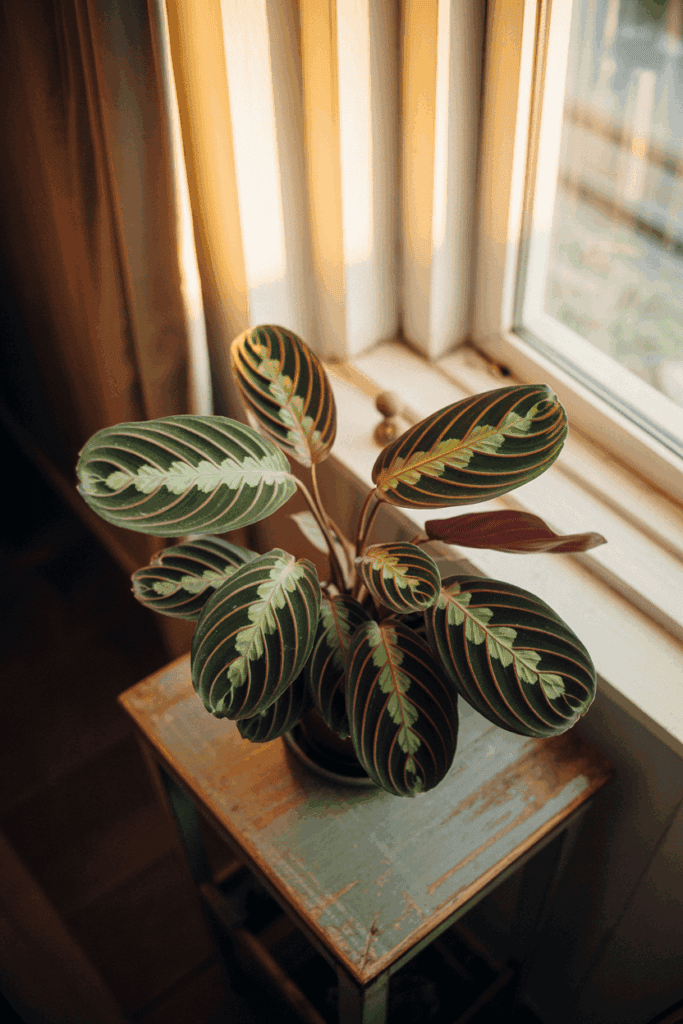 Prayer plant maranta leaves folded and open showing daily movement on indoor plant