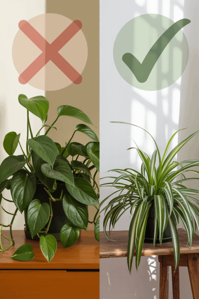 Side-by-side comparison of toxic pothos with red X and pet-safe spider plant with green checkmark