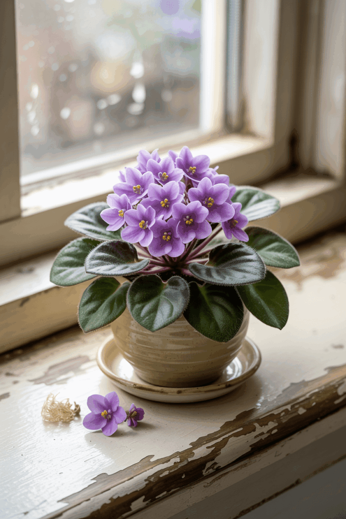 African violet with cluster of purple blooms and fuzzy dark green leaves on a windowsill