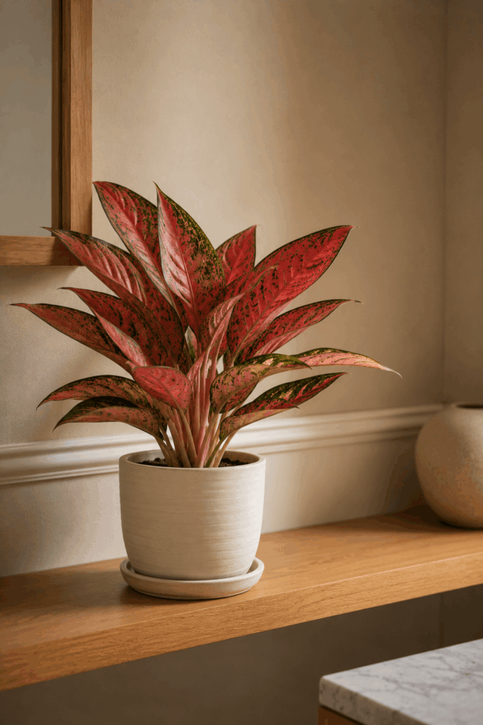 Aglaonema Red Siam with pink and green variegated leaves on bathroom shelf