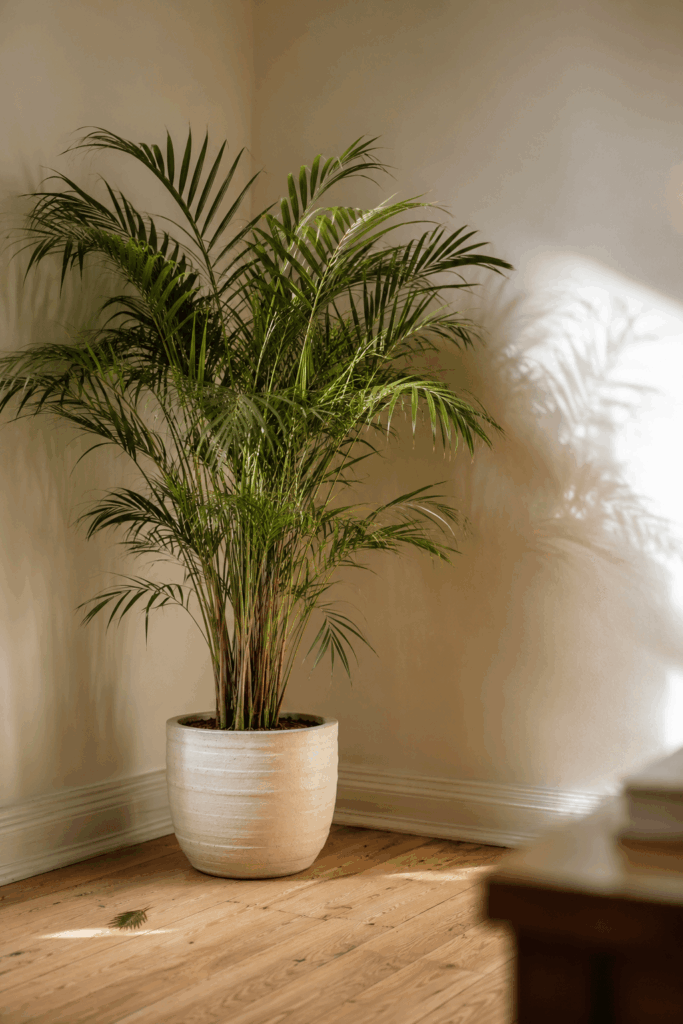 Areca palm with feathery fronds in apartment corner near window with natural daylight