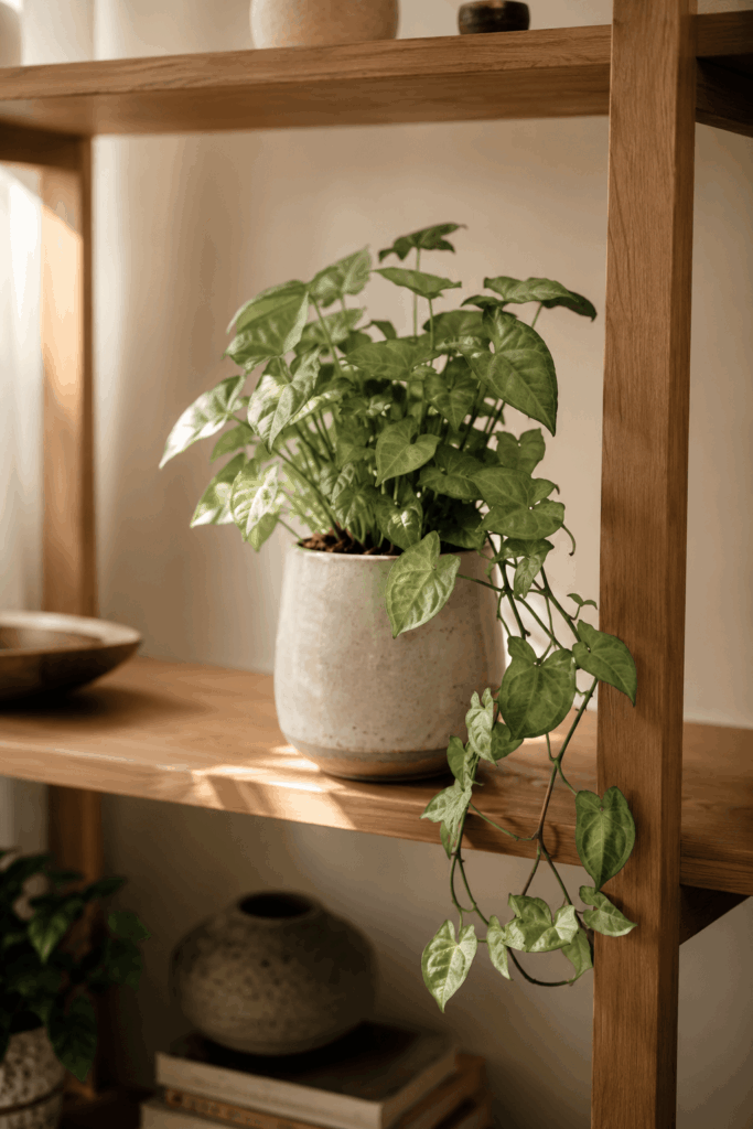Arrowhead vine syngonium transitioning from upright young growth to trailing mature vines on bookshelf