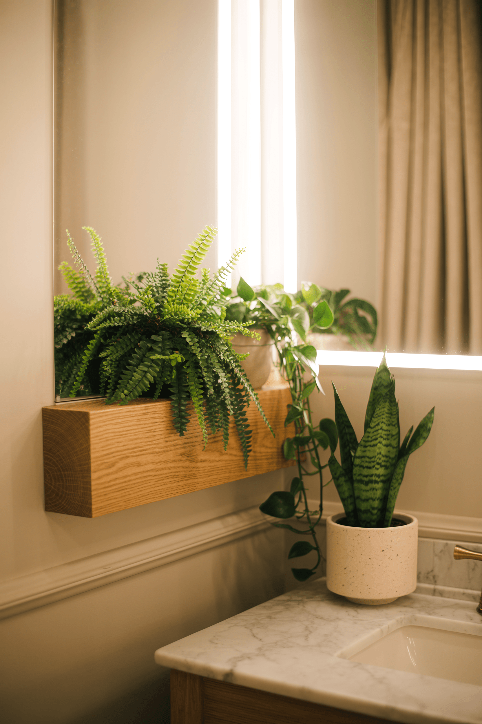 Bathroom Plants That Thrive in Humidity arranged on vanity and floating shelf in modern apartment