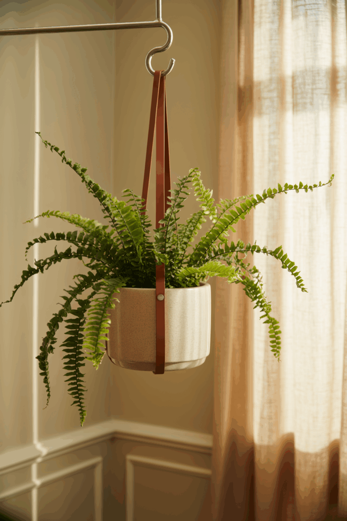 Boston fern with arching green fronds hanging in modern bathroom near window