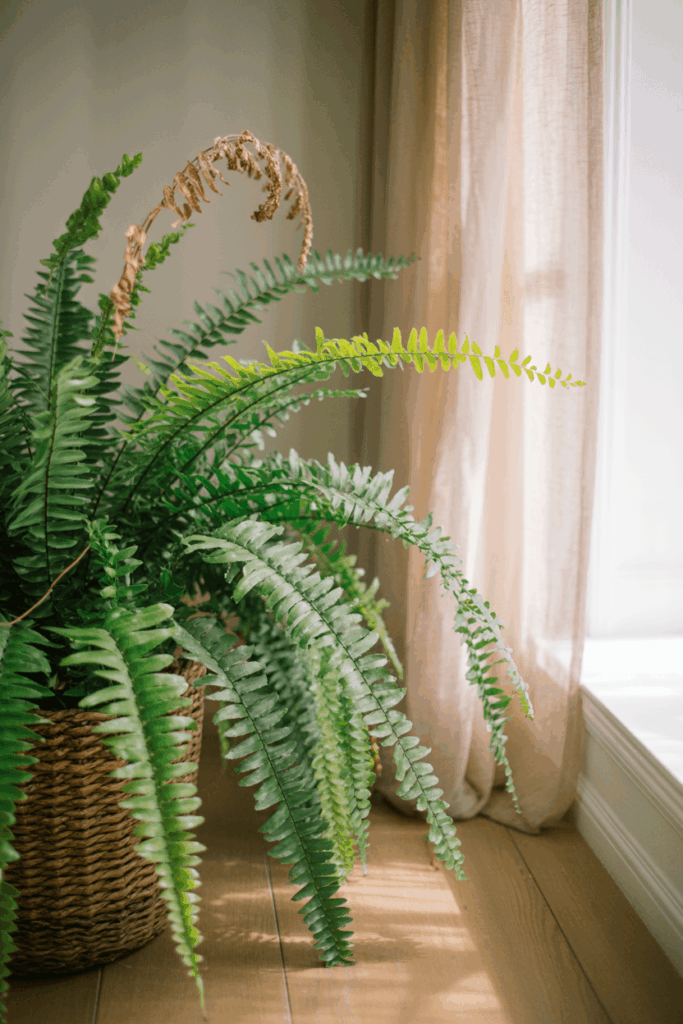 Boston fern with lacy arching fronds in a woven hanging basket near a window