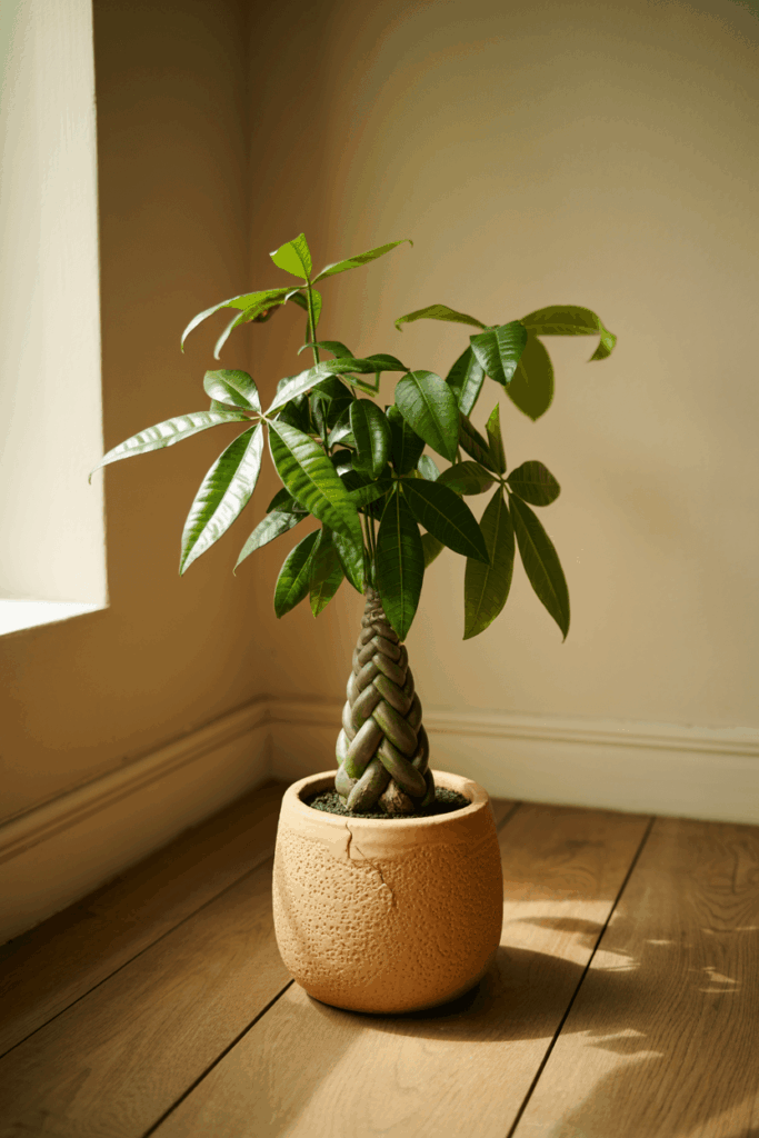 Braided-trunk money tree with glossy five-fingered leaves in a ceramic pot on a wooden floor