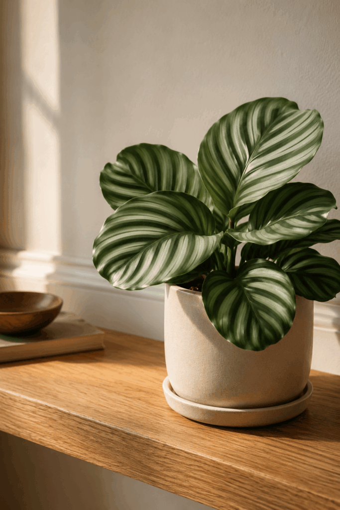 Calathea orbifolia with striped green leaves on bathroom shelf in soft natural light