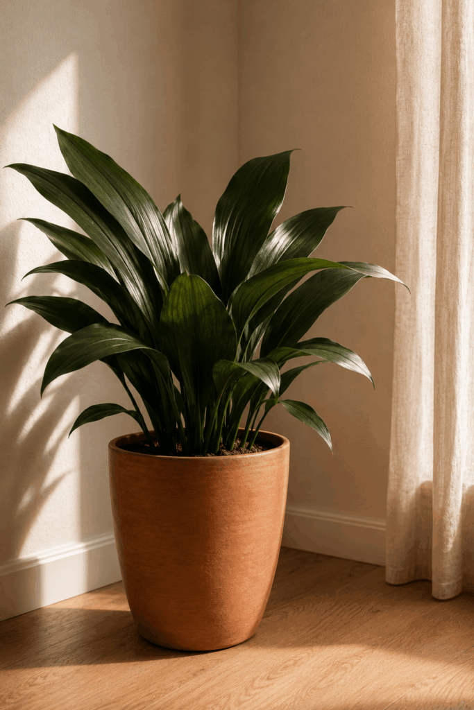 Cast iron plant with broad dark green leaves in a tall terracotta floor pot in a quiet corner