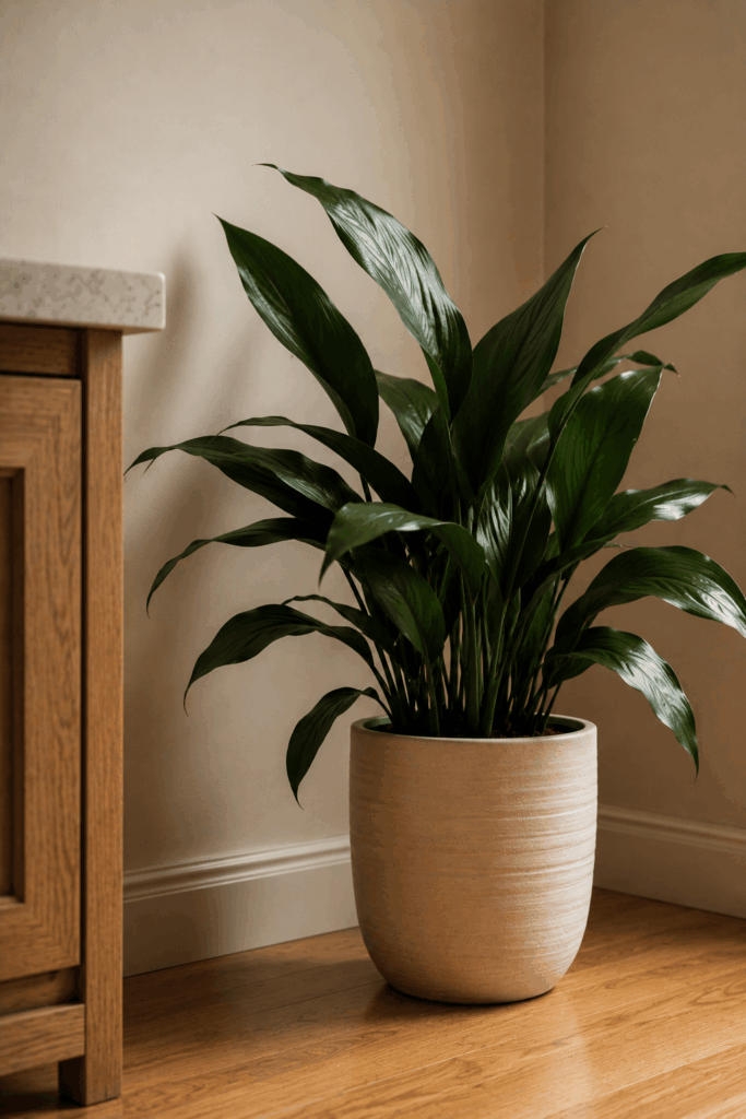 Cast iron plant with broad dark green leaves in stoneware pot on bathroom floor