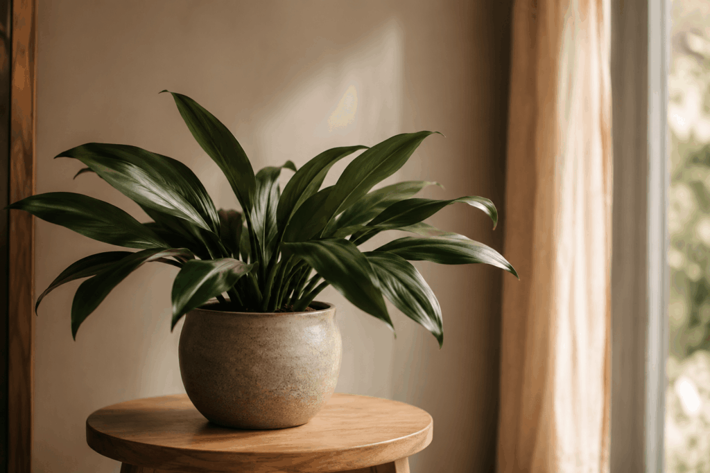 Cast iron plant with wide arching deep green leaves near a north-facing window in a sophisticated interior