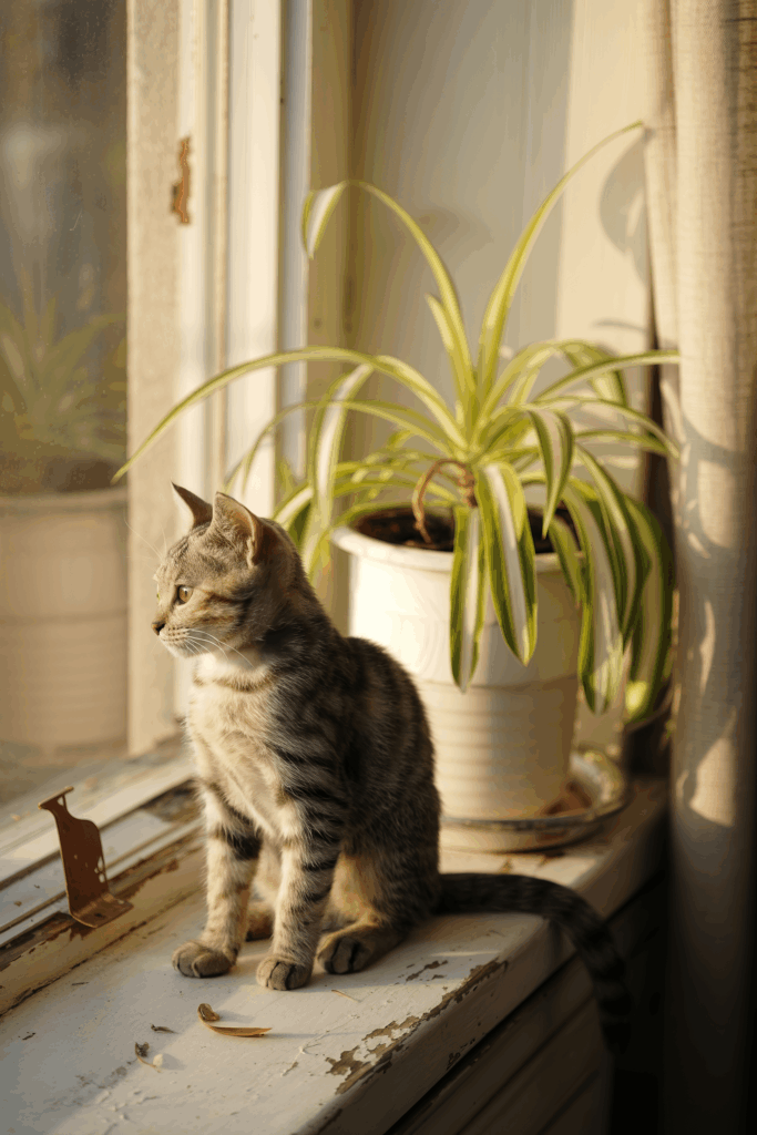 Cat sitting near pet-safe spider plant on bright apartment windowsill in soft afternoon light