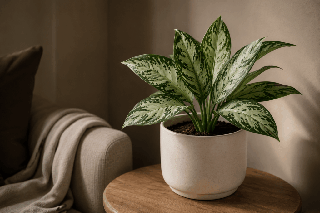Chinese evergreen Aglaonema with patterned silver and green variegated leaves in a dark interior corner
