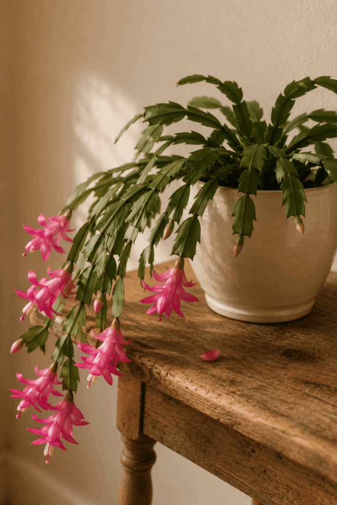 Christmas cactus with bright pink blooms and segmented flat leaves draping over a ceramic pot