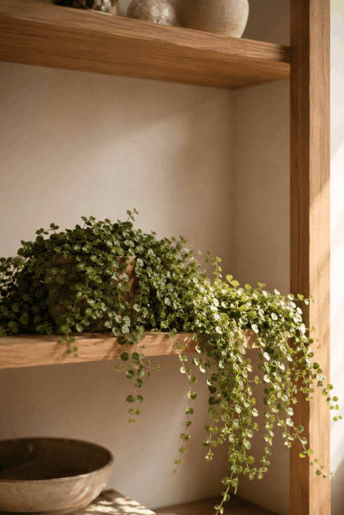 Creeping fig ficus pumila with dense small green leaves trailing along edge of wooden bookshelf
