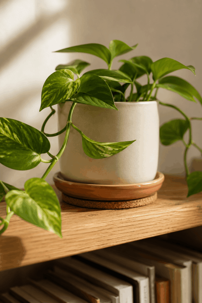 Glazed ceramic saucer and cork coaster under trailing plant pot on wooden bookshelf protecting books below