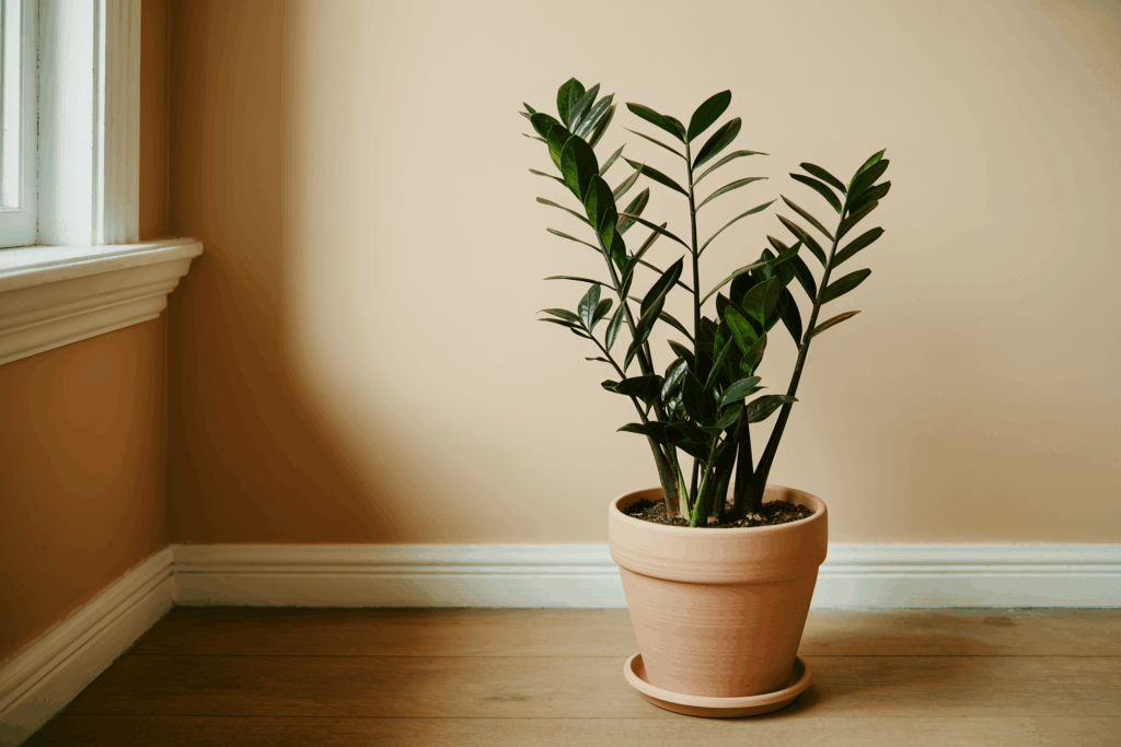 Glossy ZZ plant with deep green waxy leaves in a matte terracotta pot in a dim hallway corner