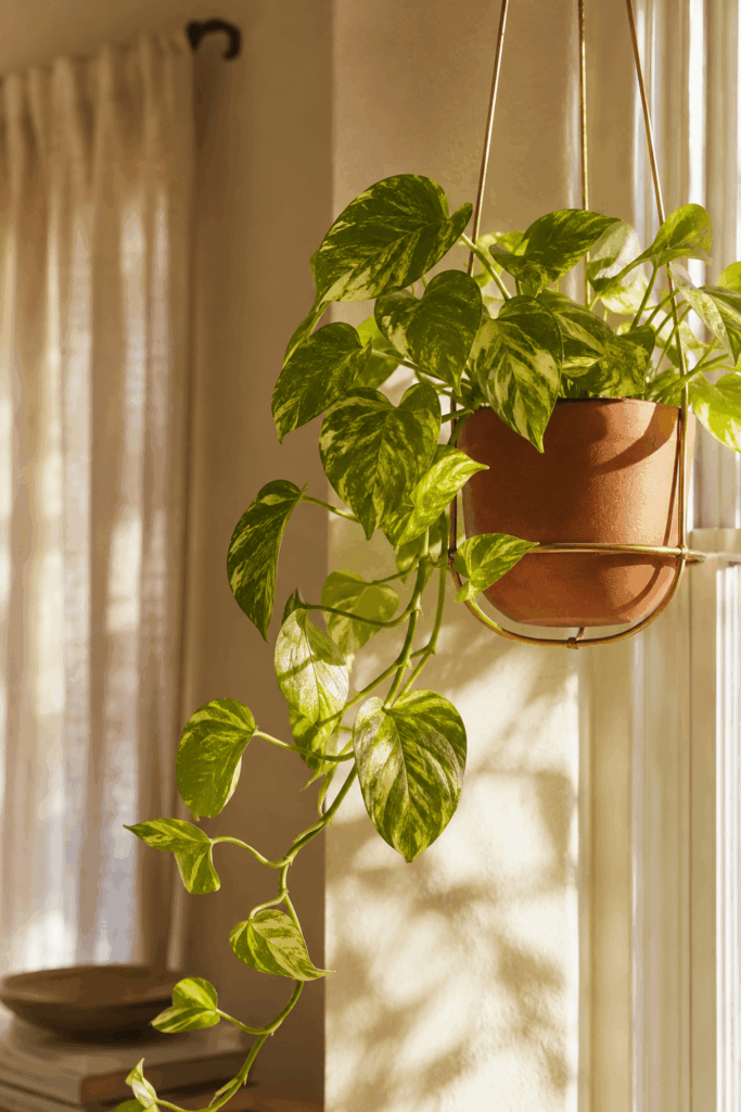 Golden pothos trailing vines from a hanging terracotta pot near a sunlit window