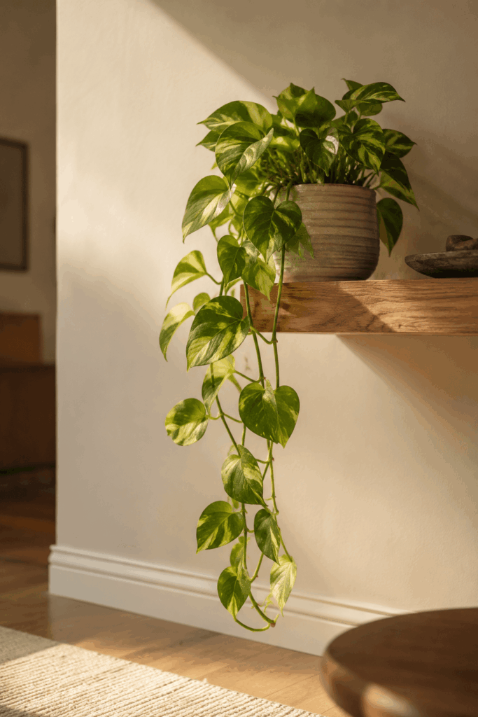 Golden pothos vines trailing from high shelf in bright bathroom