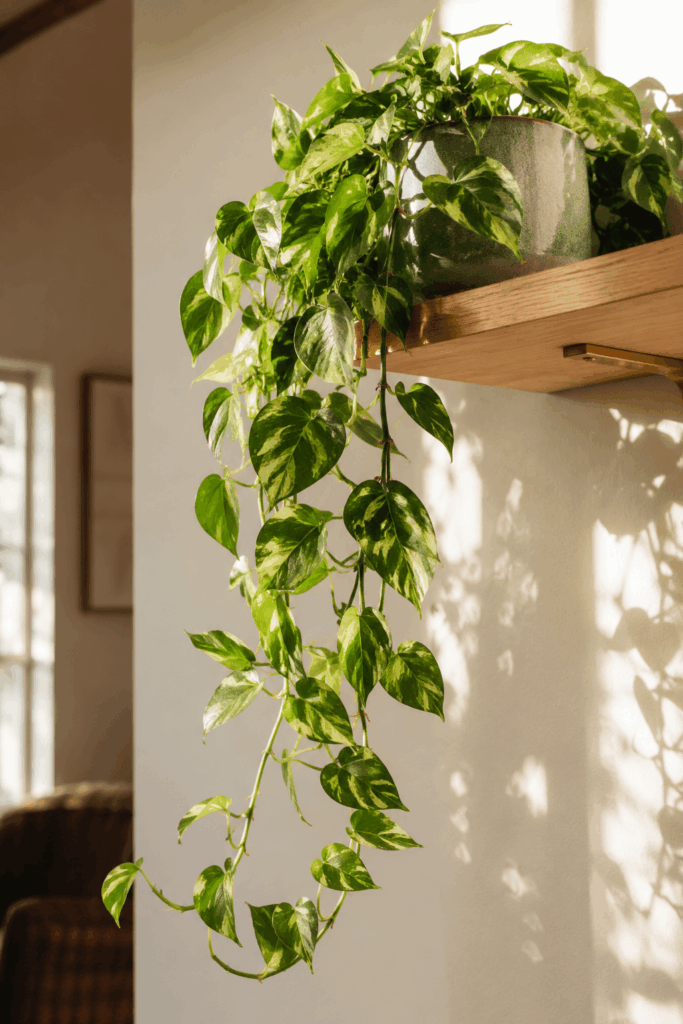 Golden pothos with variegated heart-shaped leaves trailing from a high oak shelf in a warm interior