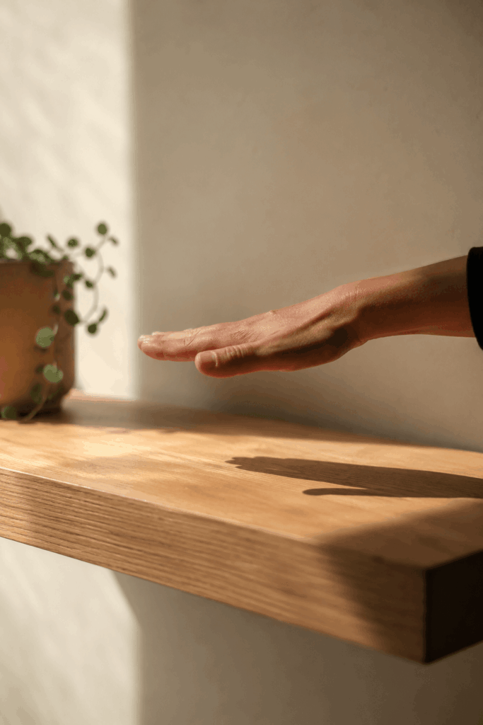 Hand held twelve inches above wooden shelf casting defined shadow to test indoor light levels