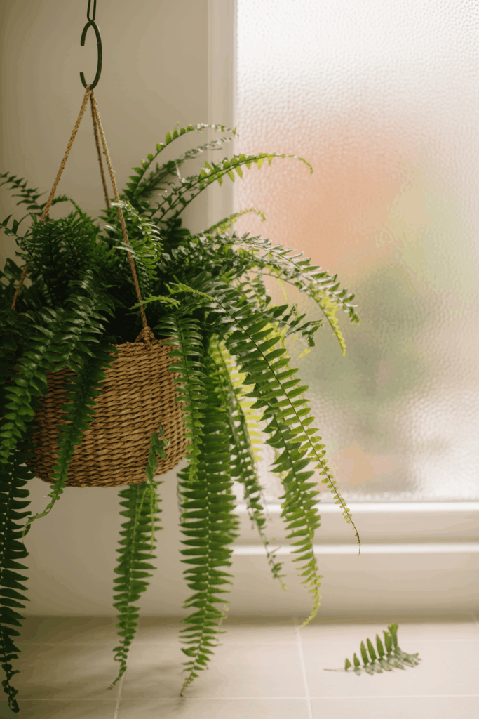 Hanging Boston fern with full feathery fronds suspended near apartment bathroom window