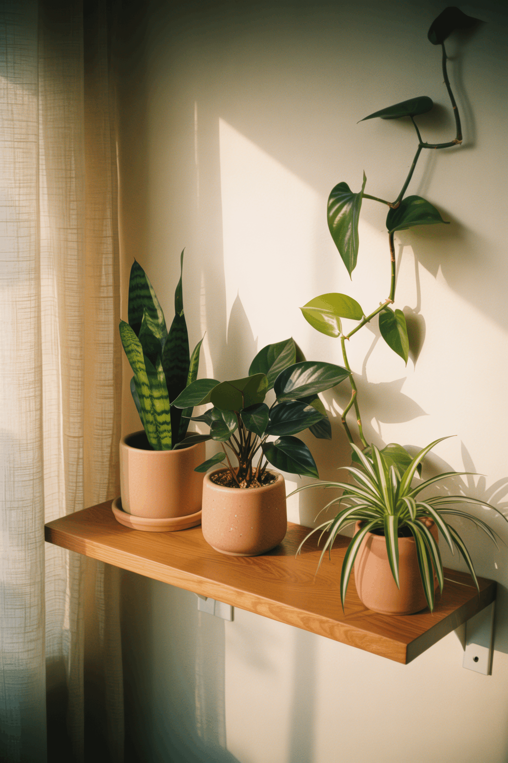 Hard to kill houseplants for forgetful people arranged on a warm oak shelf in soft afternoon window light