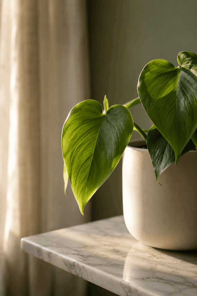 Heartleaf philodendron close-up showing soft heart-shaped glossy green leaves with vein detail