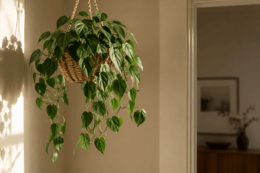 Heartleaf philodendron in a hanging basket near a doorway with soft trailing vines