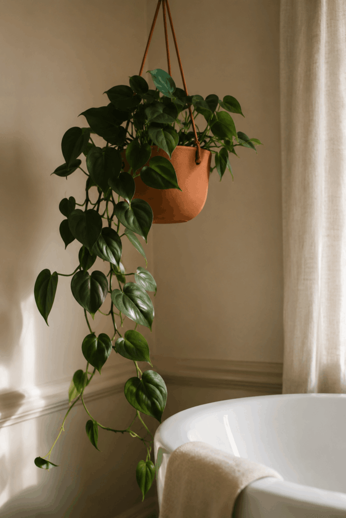 Heartleaf philodendron trailing from hanging pot in low-light bathroom corner