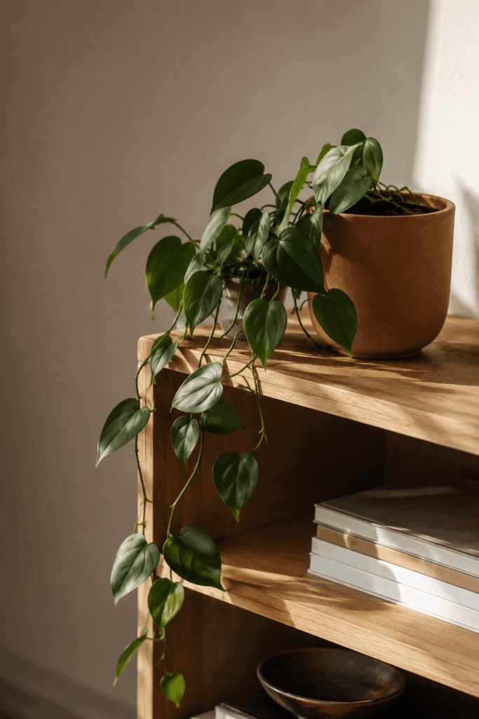 Heartleaf philodendron with deep green heart-shaped leaves trailing from low wooden bookshelf