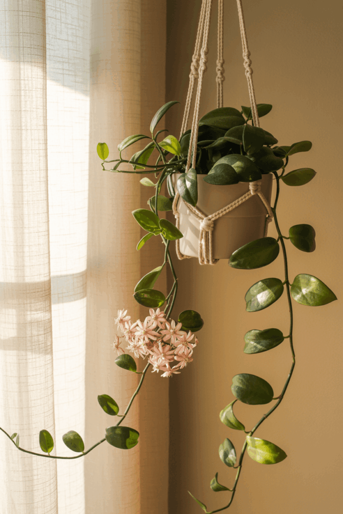 Hoya carnosa with thick waxy leaves and a cluster of star-shaped pink flowers in a hanging planter