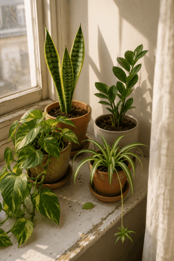 Indoor Plants That Clean Air Naturally arranged on small apartment windowsill in soft morning light