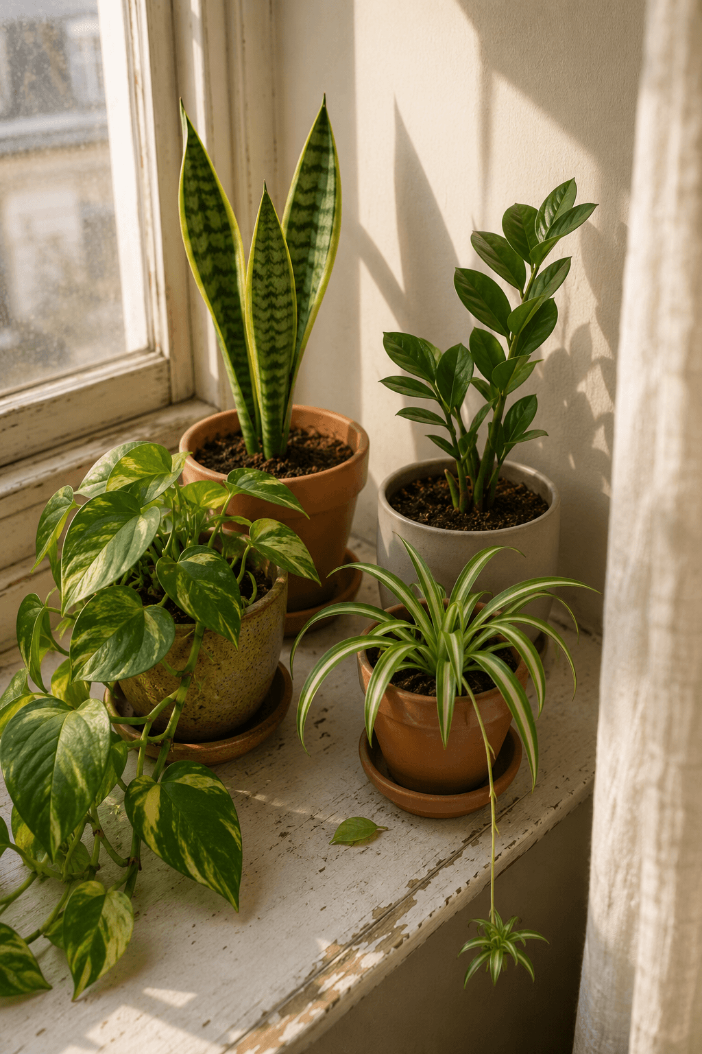 Indoor Plants That Clean Air Naturally arranged on small apartment windowsill in soft morning light