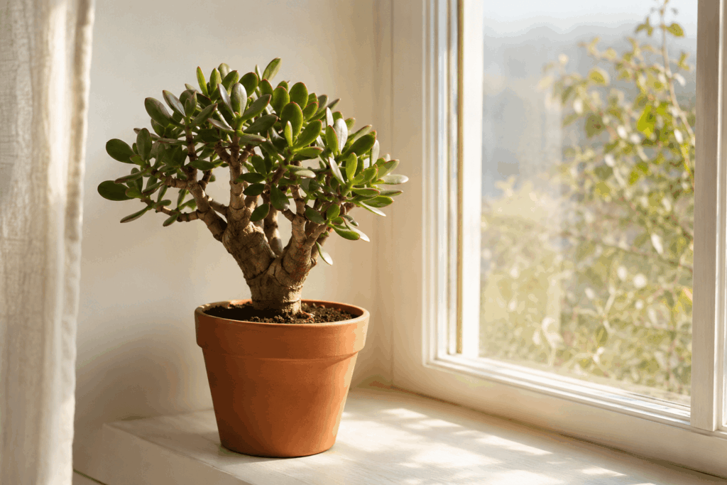 Jade plant with thick oval green leaves and reddish leaf edges in a small refined terracotta pot on a sunny windowsill