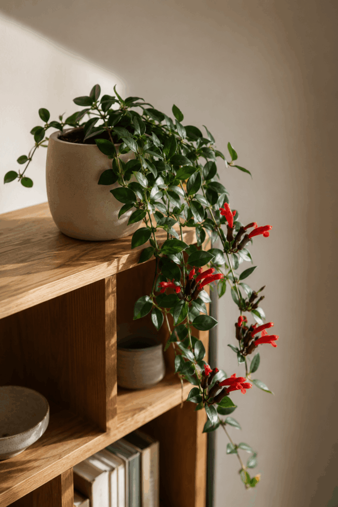 Lipstick plant aeschynanthus with trailing dark green vines and bright red tubular flowers blooming